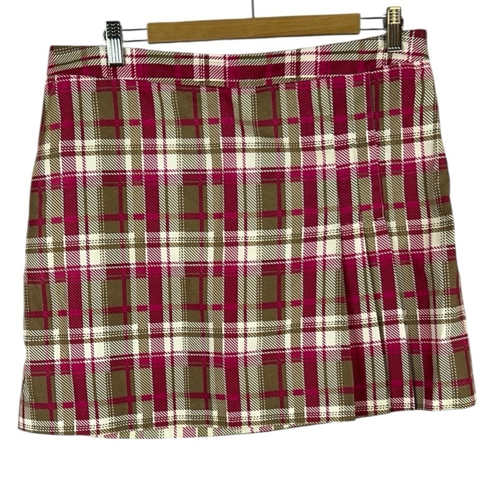 Izod Golf Athletic Casual Plaid Pleated Detail Pockets Skort Size 10 Pink Tan